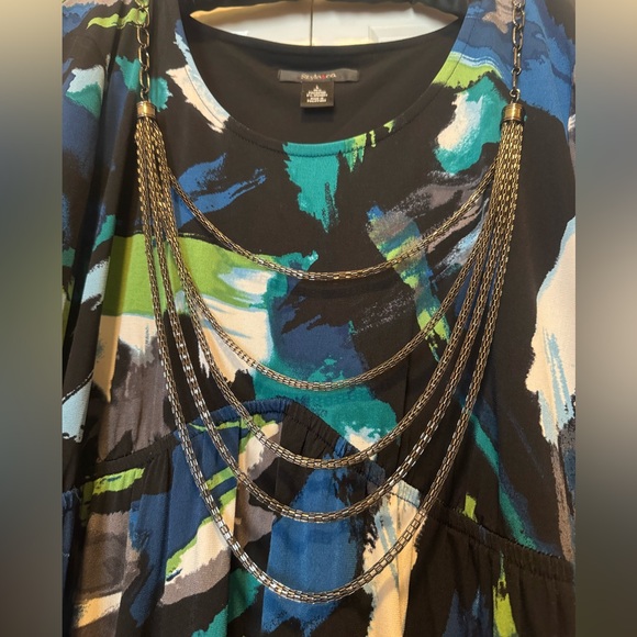 Flowy Tunic Top Womens Large Abstract Print Layered Chiffon Hem Casual Blouse - Picture 2 of 5